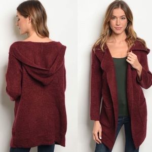 Hooded open front burgundy sweater